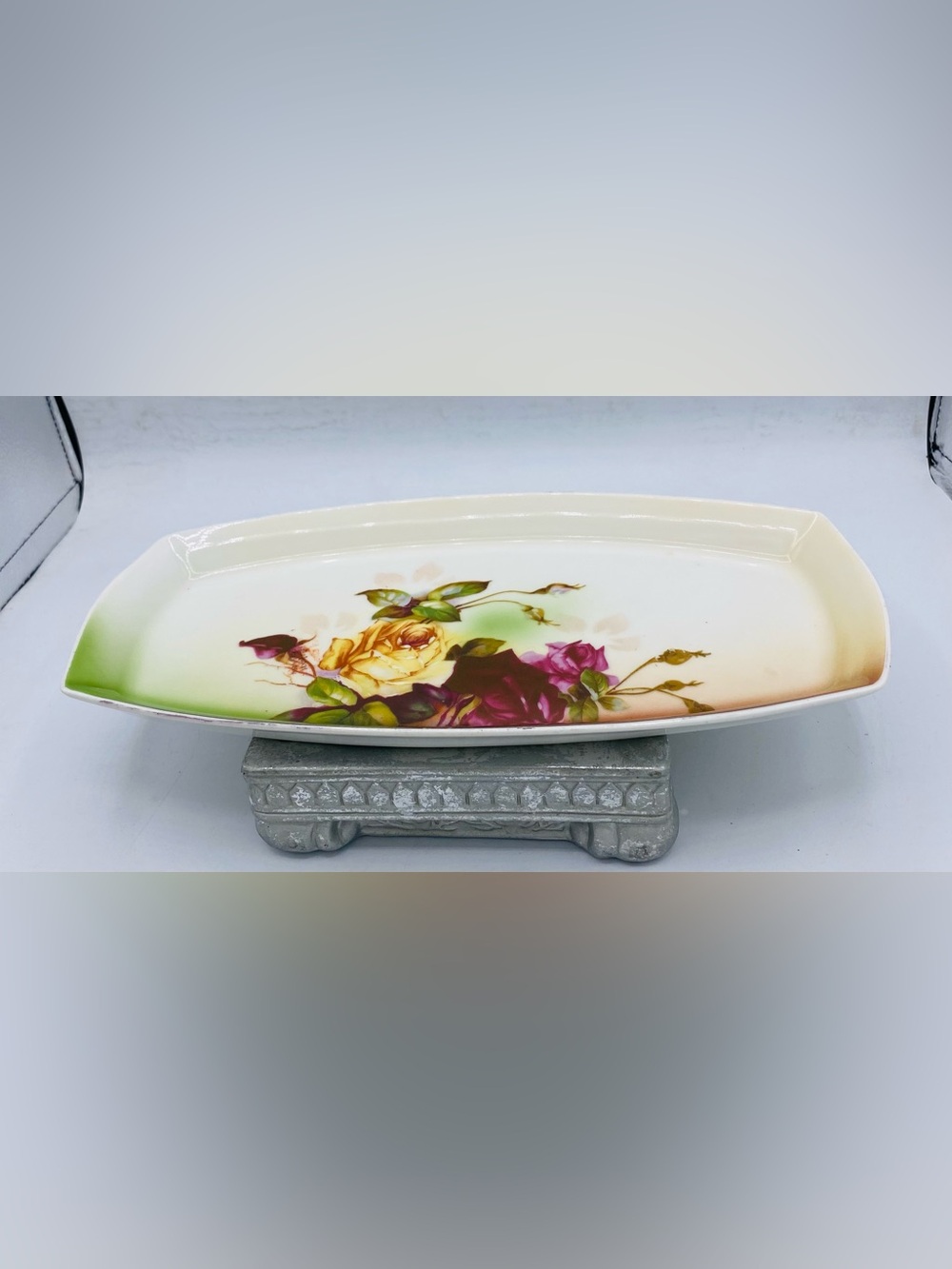 Vintage Floral Porcelain Serving Tray Relish Celery Dish Signed Silesia On Back - Picture 6 of 9